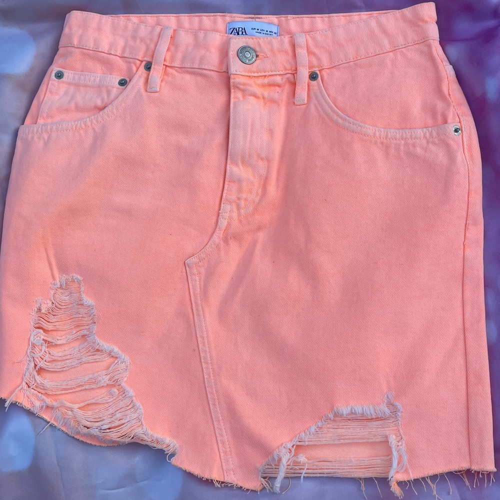 Zara Neon Orange Distressed Jean Skirt